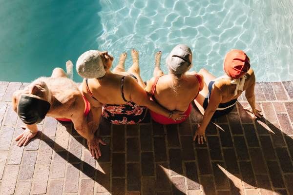 Swimming pool at dusk at Polo Run Apartments in Stockton, California