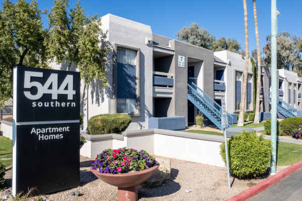 Front side of the property with a sign board at 544 Southern Apartments in Mesa,Arizona