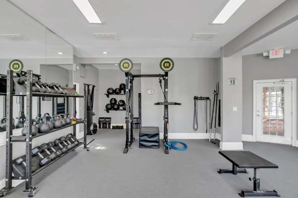 Well-equipped fitness center with multiple weights at Rosemont Windermere in Orlando, Florida