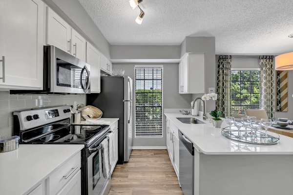Kitchen with granite countertops, stainless-steel appliances and a large window at Rosemont Windermere in Orlando, Florida