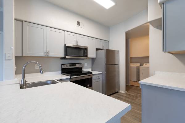 Ultra-modern kitchen in a model apartment at Sol District in Phoenix, Arizona