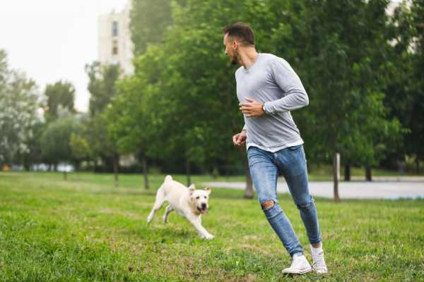 Man playing with his dog in a park near Raystone Apartments in Phoenix, Arizona