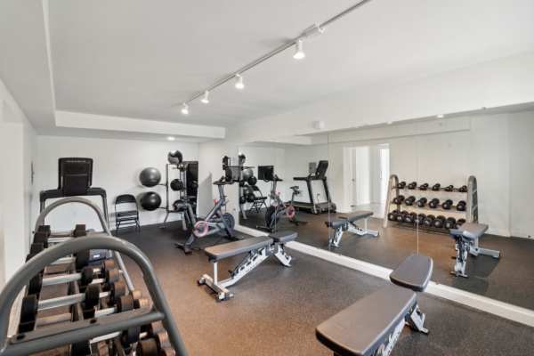 Rack of dumbbells in fitness center at Hermitage Studios in Hermitage, Tennessee