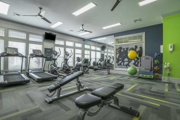  Well-equipped fitness center with large windows at The Haven At West Melbourne in West Melbourne, Florida