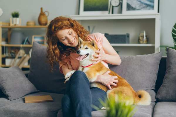 red-haired woman on grey couch holding a shiba inu dog