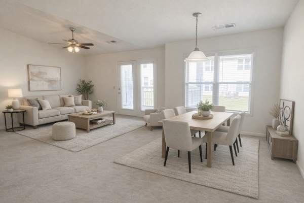 Open-concept living and dining area with natural light at Brittany Place of Rock Hill in Rock Hill, South Carolina