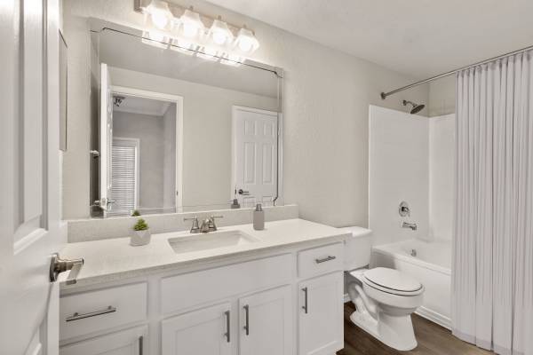 Spacious bathroom with double storage vanity and bathtub at Dawson in Orlando, Florida