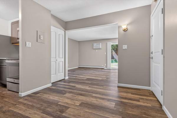 Mid-century modern living room at Park West Apartments in Griffith, Indiana
