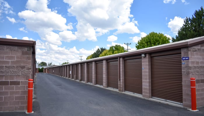 Maroon storage unit doors at a STOR-N-LOCK Self Storage location