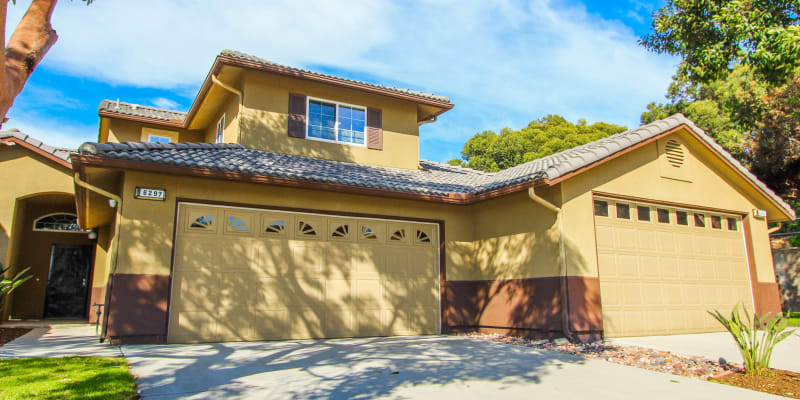 A two-car garage at a townhome at Bayview Hills in San Diego, California