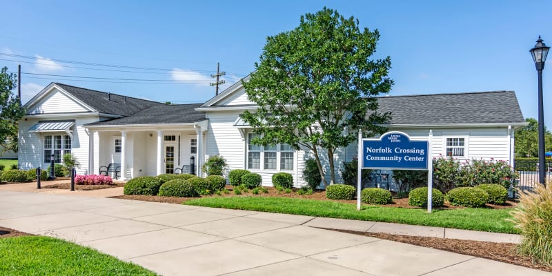 Exterior view of the resident lounge at Castle Acres in Norfolk, Virginia