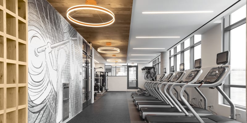 Resident fitness center showing row of treadmills overlooking floor-to-ceiling windows at Solaire 8200 Dixon in Silver Spring, Maryland