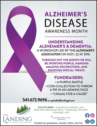 Alzheimer's Disease Awareness Month Flyer at The Landing a Senior Living Community in Roseburg, Oregon