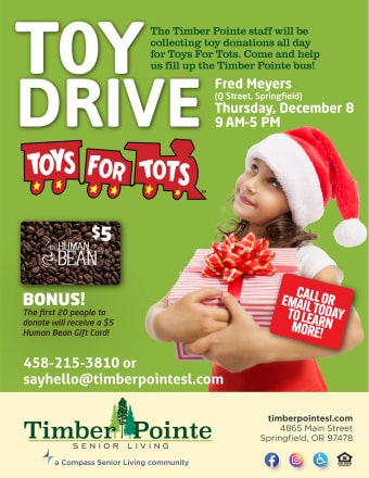 Toy Drive for Tots flyer at Timber Pointe Senior Living in Springfield, Oregon. 
