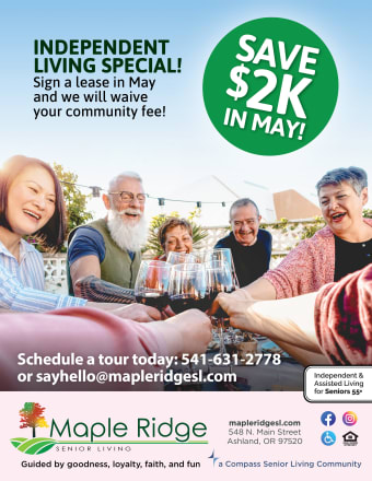 Event flyer at Maple Ridge Senior Living in Ashland, Oregon