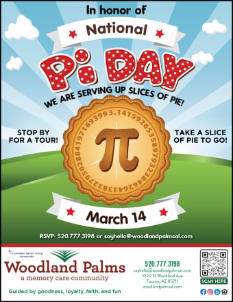 National Pie Day Flyer at Woodland Palms Memory Care in Tucson, Arizona 