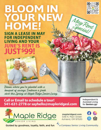 Monthly flyer at Maple Ridge Senior Living in Ashland, Oregon