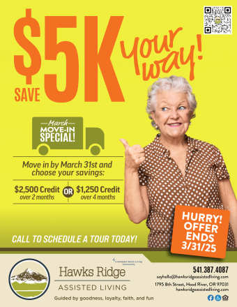 December flyer at Hawks Ridge Assisted Living in Hood River, Oregon