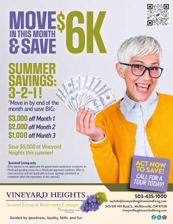 Monthly Flyer at Vineyard Heights Assisted Living in McMinnville, Oregon