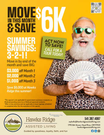 June flyer at Hawks Ridge Assisted Living in Hood River, Oregon