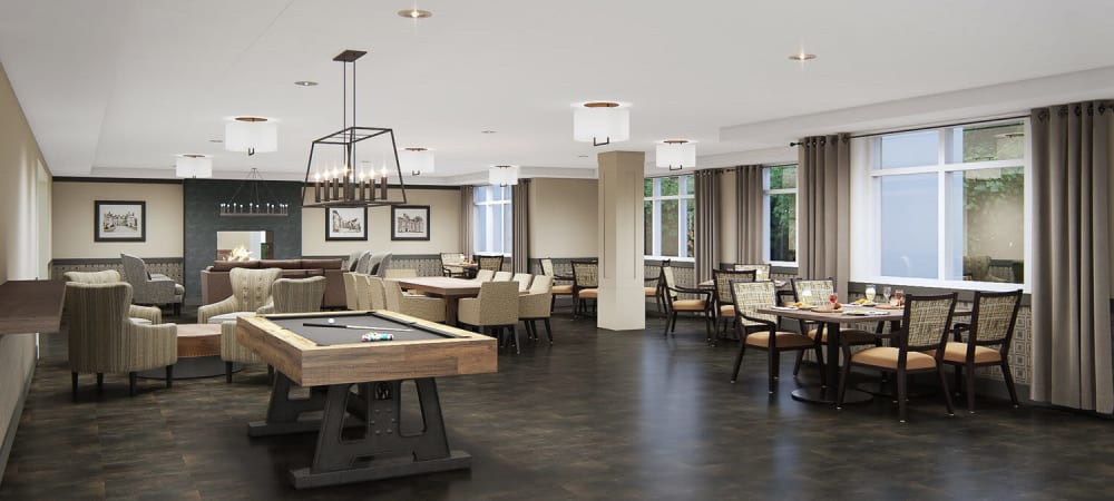 Large game room complete with pool table in upscale senior living facility at The Springs at Sherwood in Sherwood, Oregon