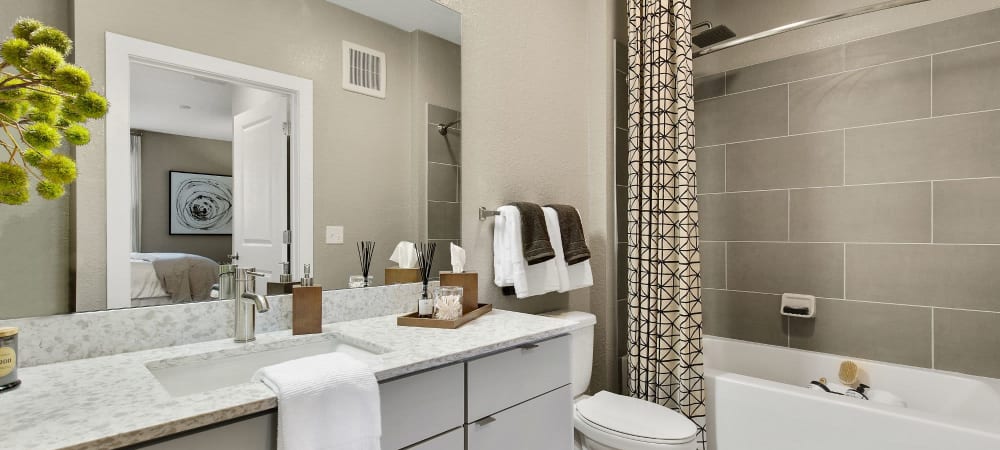 Spacious bathroom with large mirror and ample counter space at Steele Creek in Jacksonville, Florida