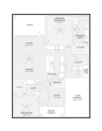 Phase II V1 floor plan with 2 Beds and 2 Baths at Watermere at Flower Mound in Flower Mound, Texas