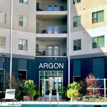 Building entrance from pool area at Argon in Oklahoma City, Oklahoma