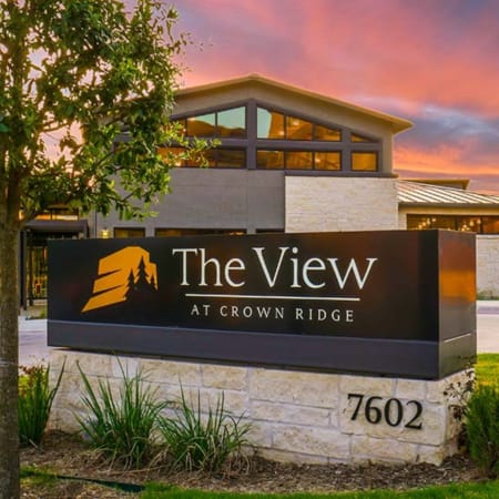 Welcome sign at The View at Crown Ridge in San Antonio, Texas