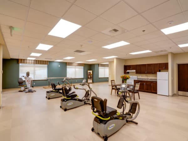 Fitness room at Mission Healthcare at Renton in Renton, Washington. 