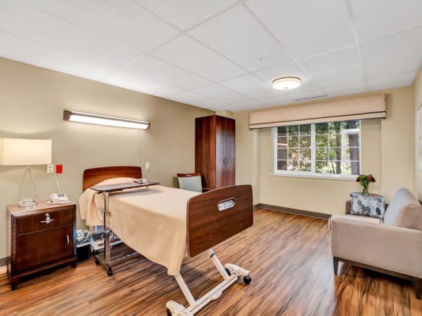 A resident bedroom at Mission Healthcare at Bellevue in Bellevue, Washington. 