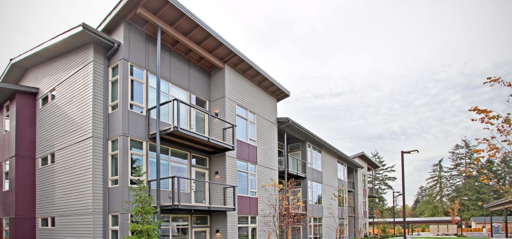 Exterior with private balconies at Motif Apartments in Lynnwood, Washington