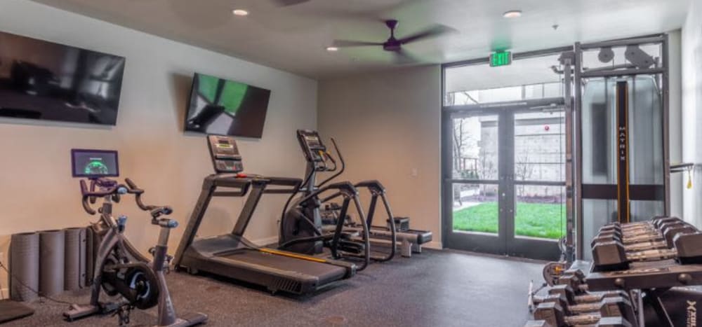 Fitness room with cardio, TRX and free weights at Marquam Heights in Portland, Oregon
