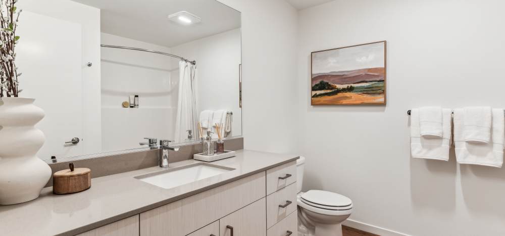Bathrooms with extra storage cabinets and drawers at Traxx Apartments in Mountlake Terrace, Washington 