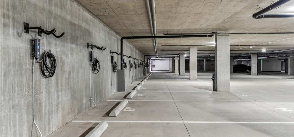 Garage parking with charging stations available at Traxx Apartments in Mountlake Terrace, Washington 
