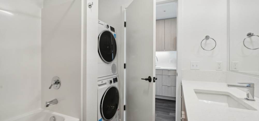 In apartment washer and dryer at Rothko Residences in Portland, Oregon