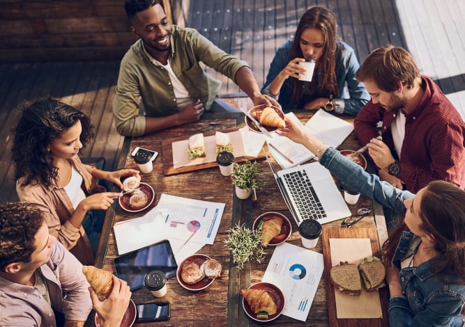 Residents enjoying a meal together near Inman Quarter in Atlanta, Georgia