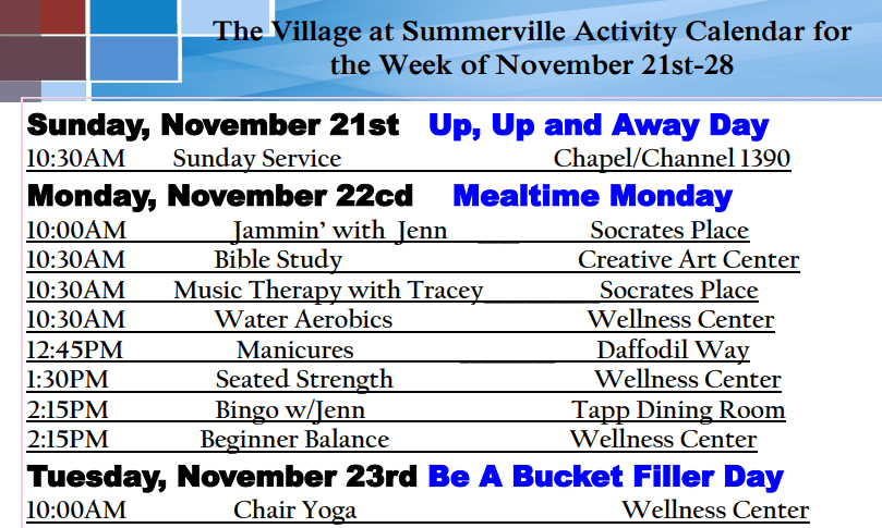 Sample activity calendar at The Village at Summerville