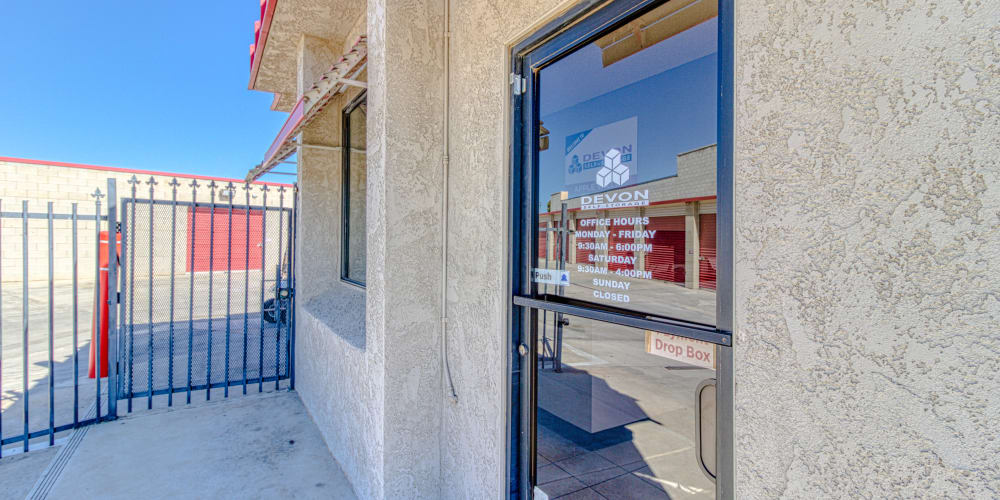 Front door leading into the leasing office at Devon Self Storage in Apple Valley, California