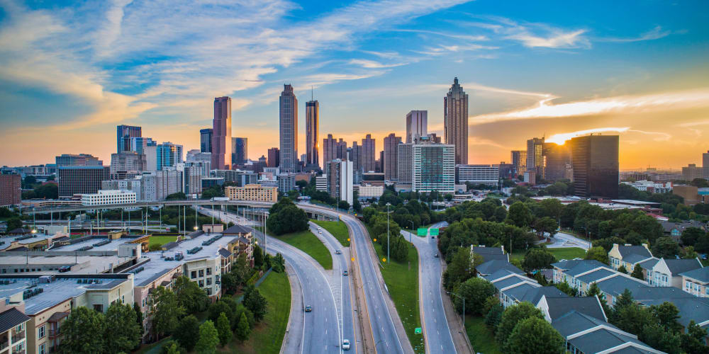 View of downtown against a beautiful sunset near Ellington Midtown in Atlanta, Georgia