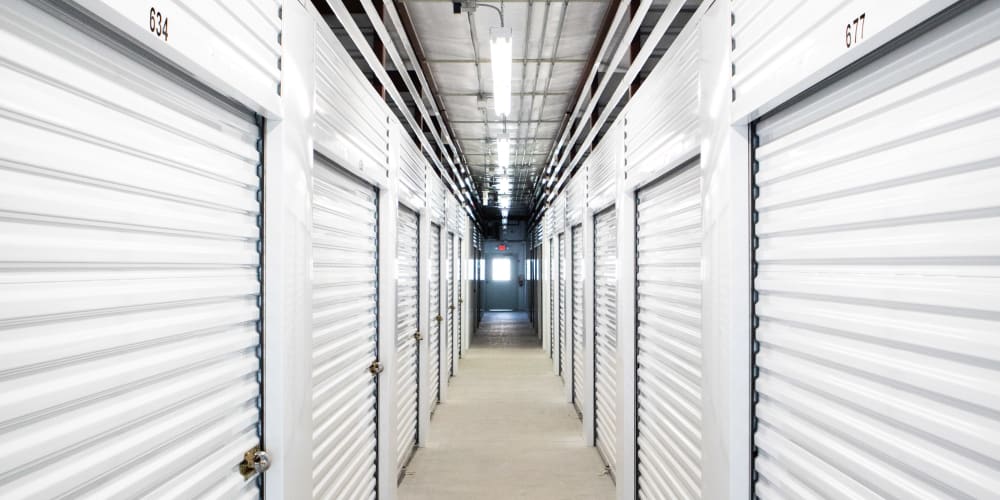 Interior hallway of storage units inside AAA Self Storage at Griffith Rd in Winston Salem, North Carolina