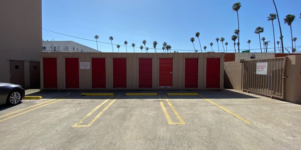 Exterior units with red doors at StorQuest Self Storage in Los Angeles, California
