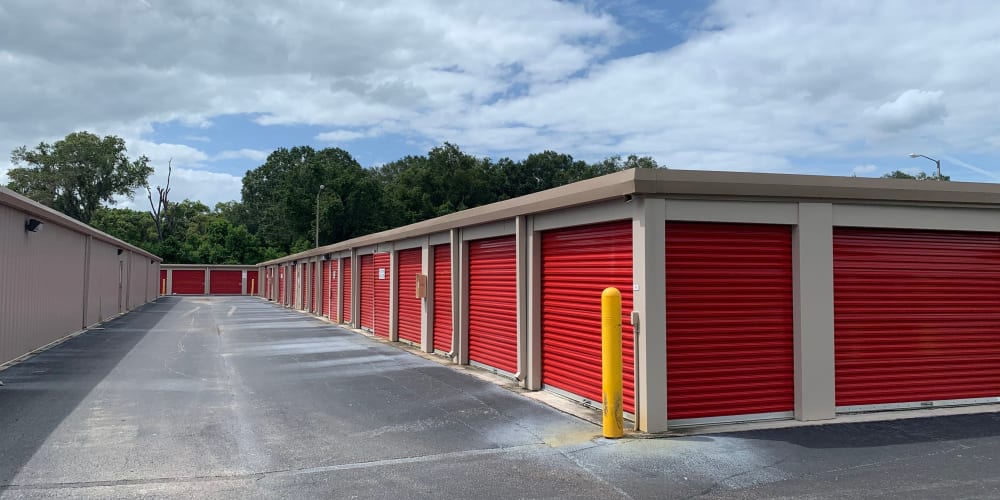 Ground-level outdoor storage units at StorQuest Self Storage in Odessa, Florida