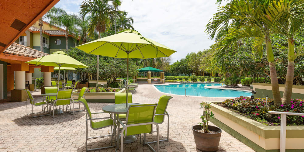Sparkling pool and patio at Mosaic Apartments in Coral Springs, Florida