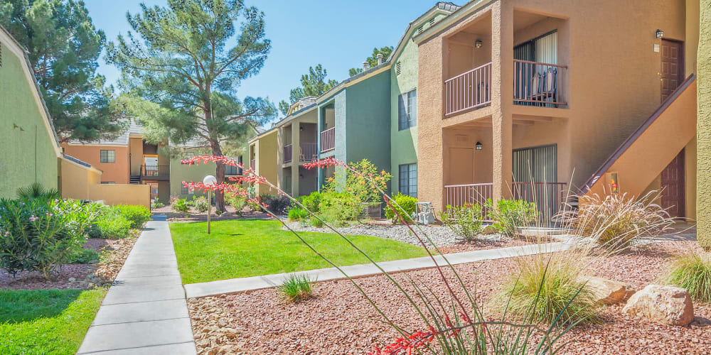 Professionally maintained landscaping throughout the community at Shelter Cove Apartments in Las Vegas, Nevada