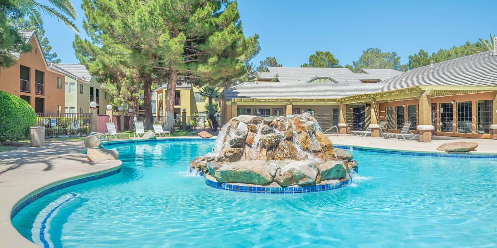 Fountain on an island in the swimming pool at Shelter Cove Apartments in Las Vegas, Nevada