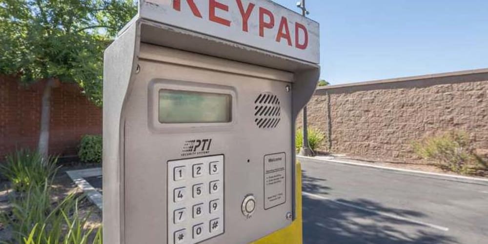 Electronic keypad entry at the secure gate protecting our storage facility at Devon Self Storage in Sacramento, California