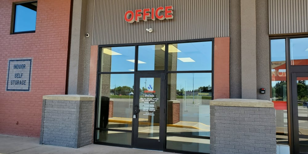 Exterior view of the leasing office entrance at Devon Self Storage in Hazlet, New Jersey
