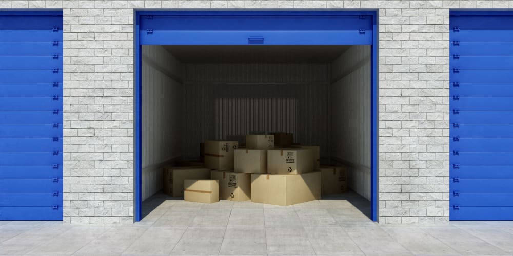 boxes in a storage unit at Trojan Storage of North Sacramento in Sacramento, California