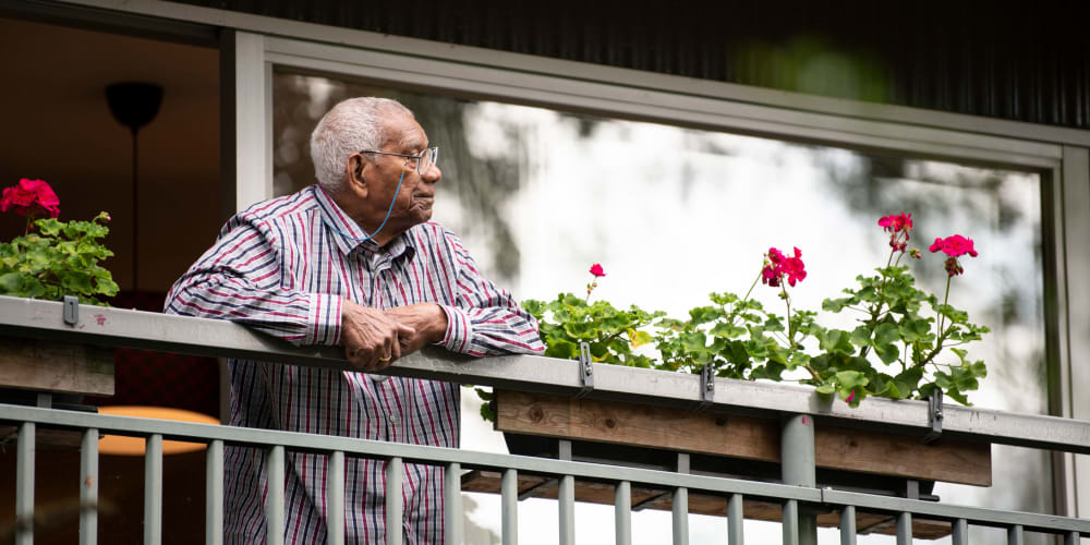 Residents siting on terrace at Vista Prairie at North Pointe in North Mankato, Minnesota